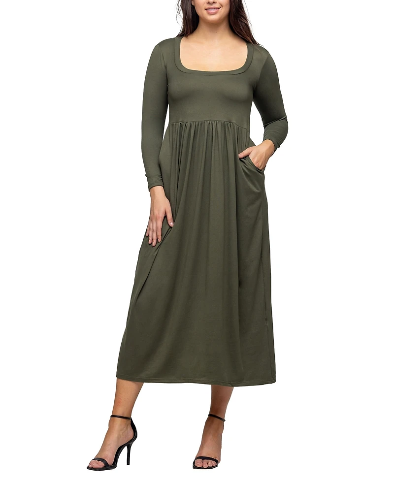 24seven Comfort Apparel Women's Long Sleeve Empire Waist Pocket Maxi Dress