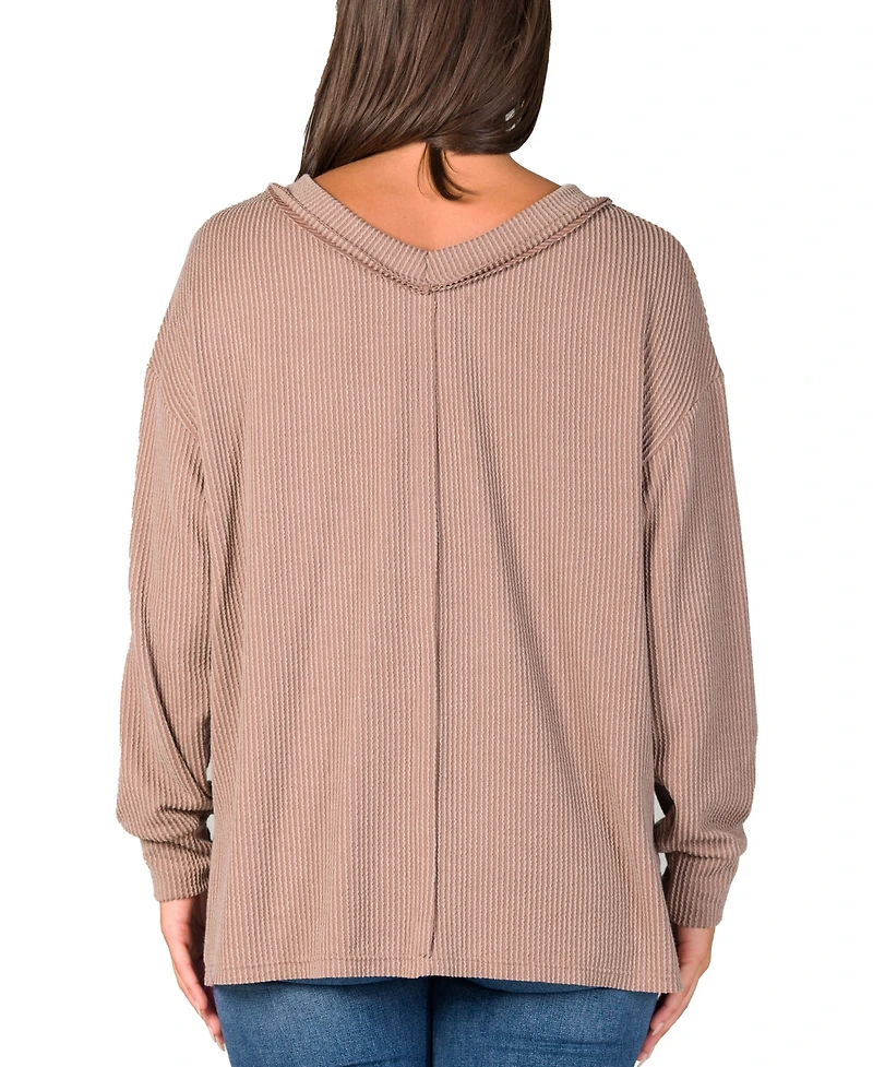 24seven Comfort Apparel Women's Relaxed Fit Ribbed Knit V Neck Sweater Top
