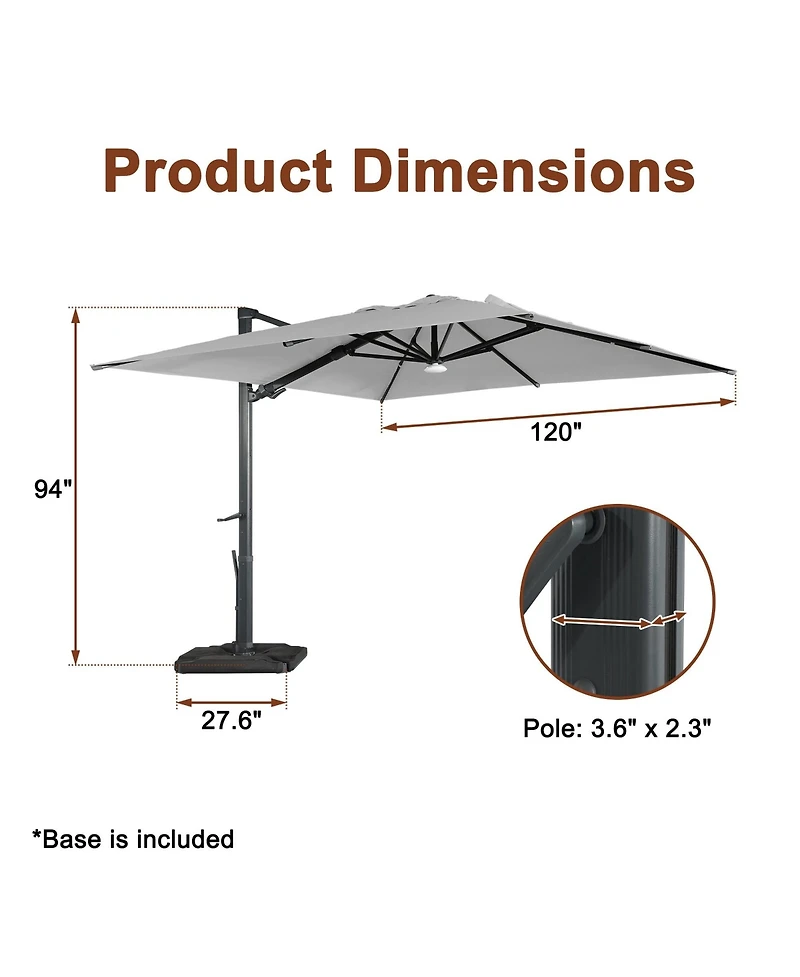 Boyel Living 10 ft. 360° Rotation Square Cantilever Patio Umbrella with Base and Bt