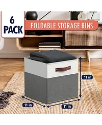 Ornavo Home 6 Pack Collapsible Linen Storage Cube Bin with Leather Handles - 11 Inch