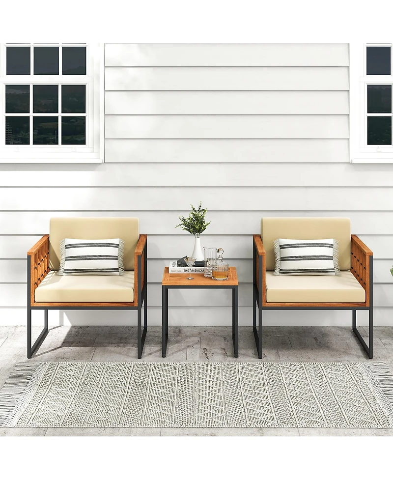 Gymax 3 Pieces Patio Furniture Set Acacia Wood Bistro Conversation Set w/ 2 Cushioned Chairs Beige