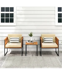 Gymax 3 Pieces Patio Furniture Set Acacia Wood Bistro Conversation Set w/ 2 Cushioned Chairs Beige