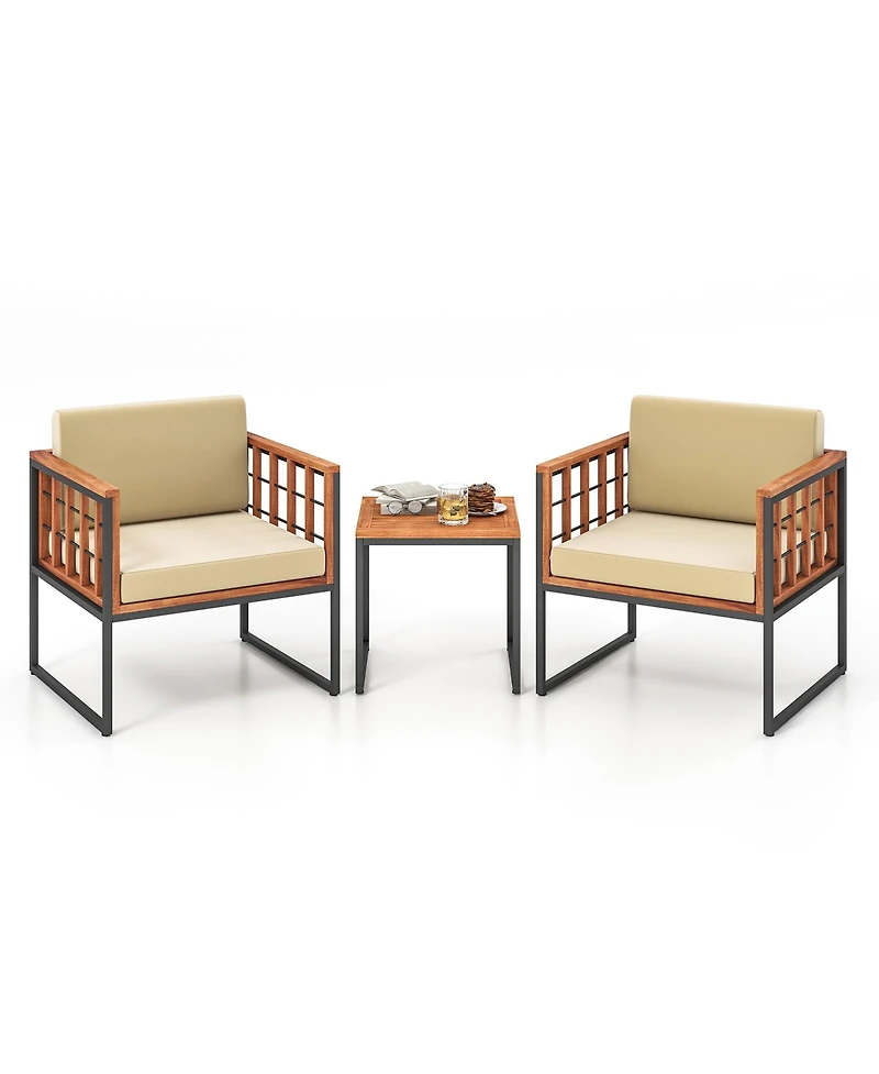 Gymax 3 Pieces Patio Furniture Set Acacia Wood Bistro Conversation Set w/ 2 Cushioned Chairs Beige