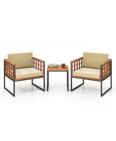 Gymax 3 Pieces Patio Furniture Set Acacia Wood Bistro Conversation Set w/ 2 Cushioned Chairs Beige