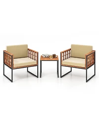 Gymax 3 Pieces Patio Furniture Set Acacia Wood Bistro Conversation Set w/ 2 Cushioned Chairs Beige
