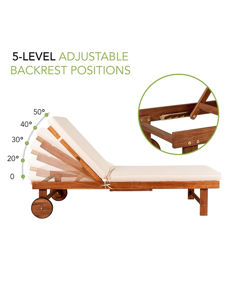 Jonathan Y Seabrook 69 x 24 Inch Outdoor Acacia Wood Lounger with Cushion, 5-Position Back, Slide Table & Wheels, Dark Brown
