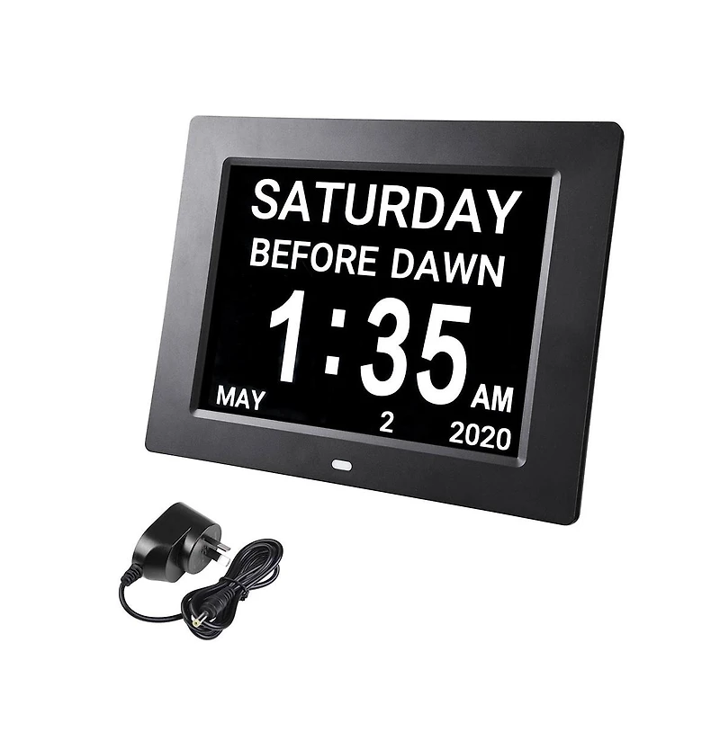 8" Large Digital Lcd Day Clock 6-Alarm Dimmable Calendar Dementia Home Wall Table Black