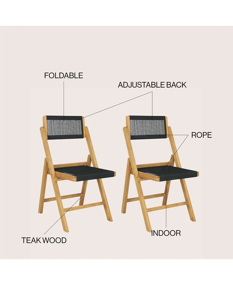 Jonathan Y Olivier Coastal Modern Wood Roped Folding Chair with Adjustable Back, Black/Natural (Set of 2)