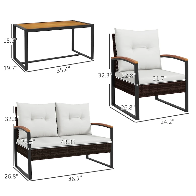 Outsunny 4pc Patio Furniture Set with Loveseat Sofa, Chair, Table,