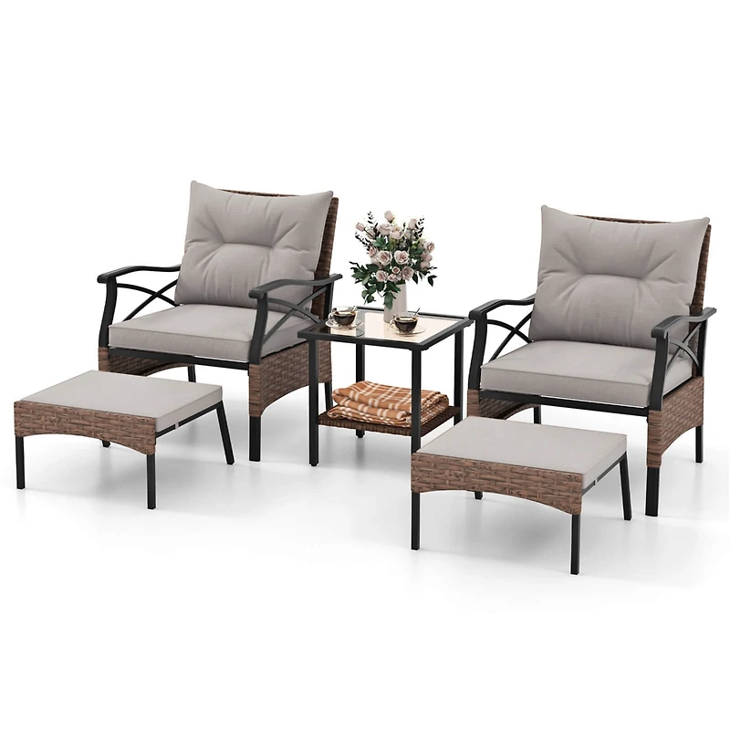 5 Pcs Patio Furniture Set with 2-Tier Coffee Table & 2 Ottomans Cushions Included
