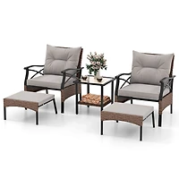 5 Pcs Patio Furniture Set with 2-Tier Coffee Table & 2 Ottomans Cushions Included