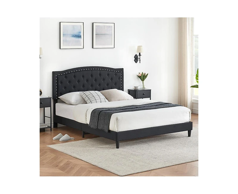 gaomon Upholstered Bed Frame with Height-Adjustable Headboard, Linen Platform Bed Frame Mattress Foundation with Wooden Slats Support, No Box Spring N