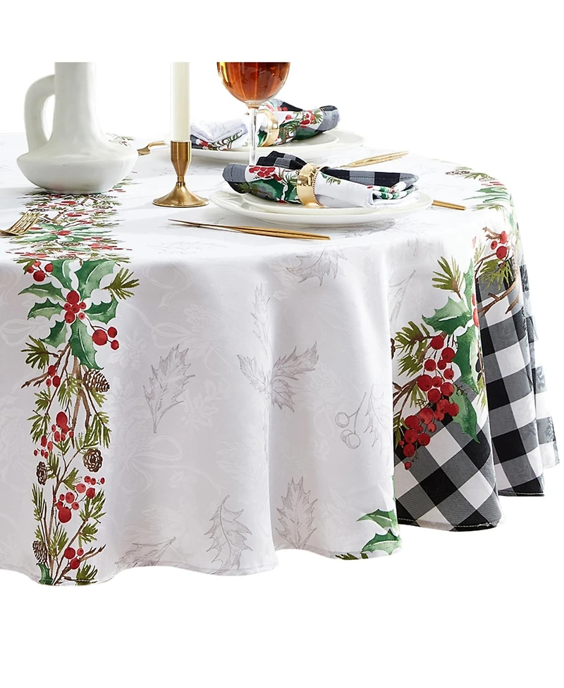 Elrene Holly Farmhouse Charm Holiday Fabric Round Tablecloth, 70"x 70"