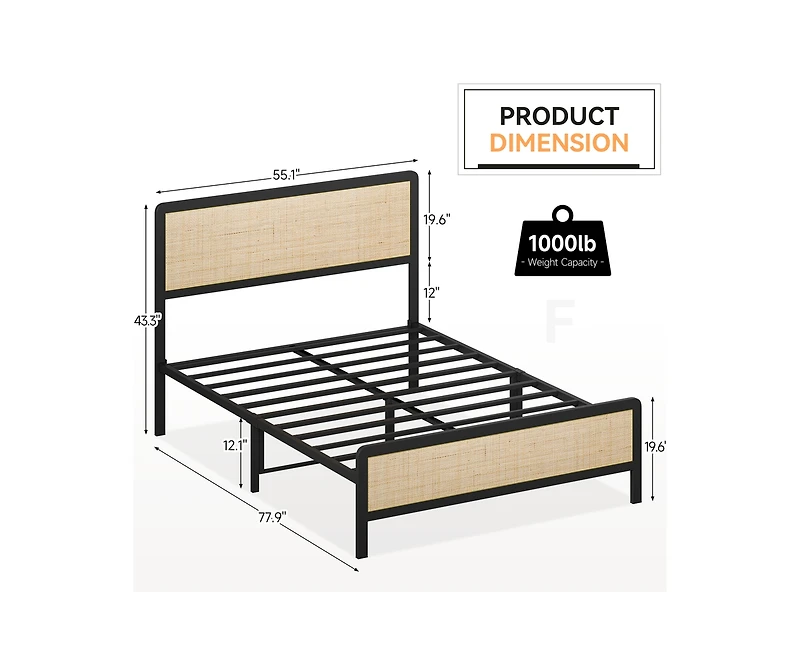 gaomon Queen Metal Bed Frame with Rattan Headboard and Footboard, Platform Safe Rounded Corners, Under Storage, Strong S