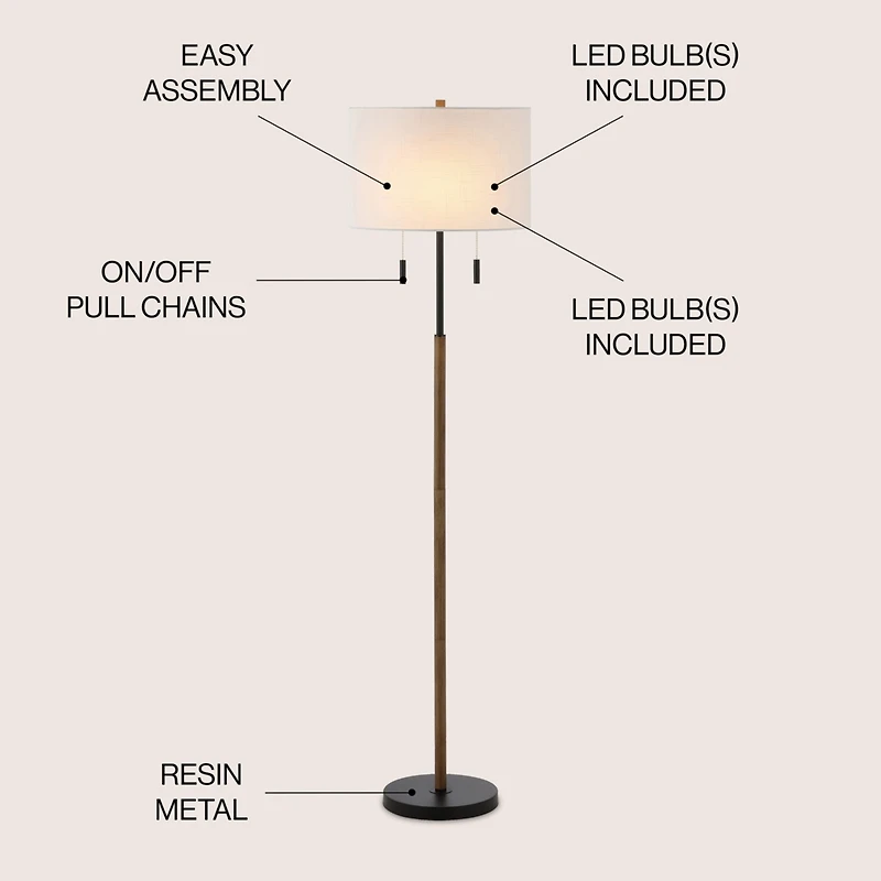 Jonathan Y Maude 61" Rustic Farmhouse Iron Candlestick Pull Chains Led Floor Lamp, Brown Wood Finish/Black