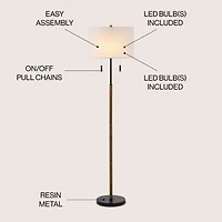 Jonathan Y Maude 61" Rustic Farmhouse Iron Candlestick Pull Chains Led Floor Lamp, Brown Wood Finish/Black