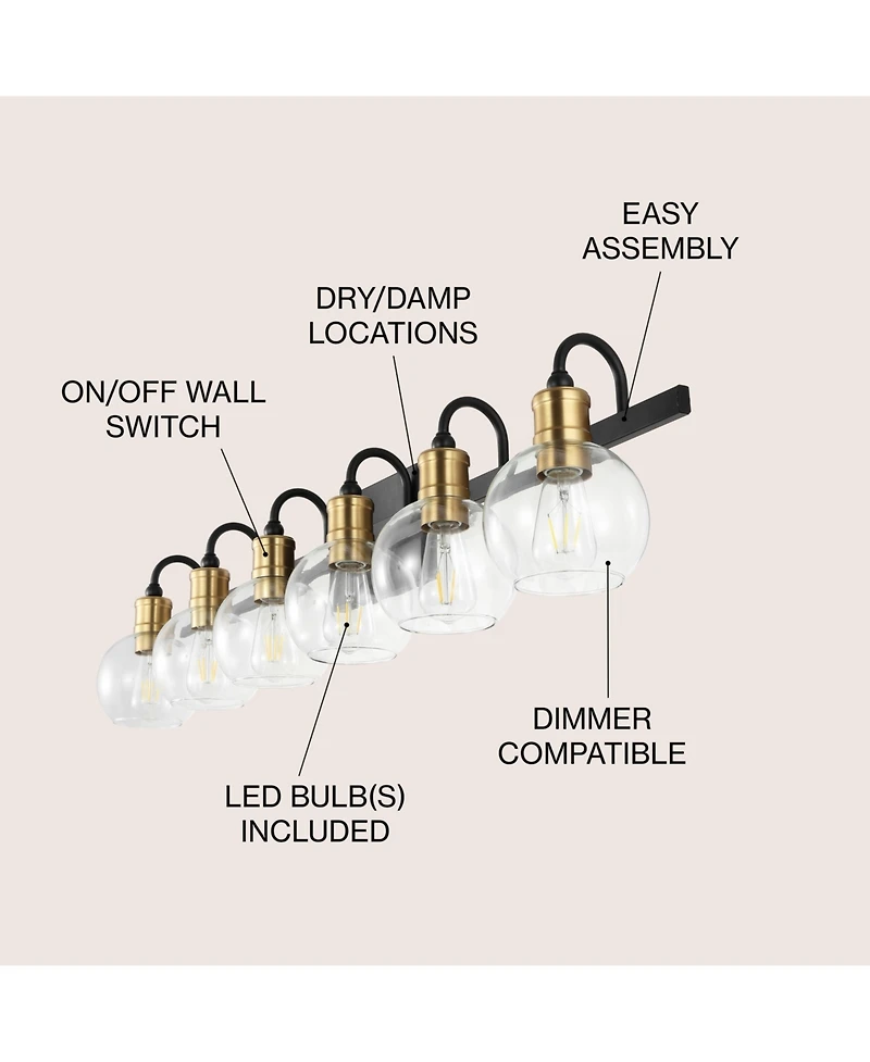 Jonathan Y Marais 44.25" 6-Light Iron/Glass Rustic Vintage Led Vanity Light, Black/Brass Gold