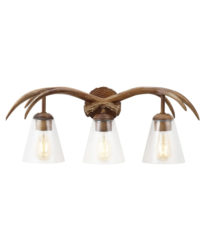 Jonathan Y Wyatt 25.5" 3-Light Southwestern Bohemian Resin/Seeded Glass Faux Antler Led Vanity Light, Brown Wood Finish