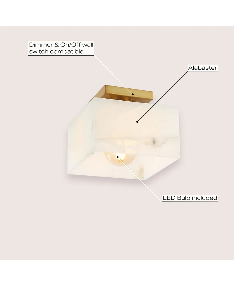 Jonathan Y Alessia 8" 1-Light Modern Contemporary Alabaster/Iron Square Led Semi Flush Mount, White Marbling/Brass Gold