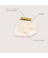 Jonathan Y Alessia 8" 1-Light Modern Contemporary Alabaster/Iron Square Led Semi Flush Mount, White Marbling/Brass Gold
