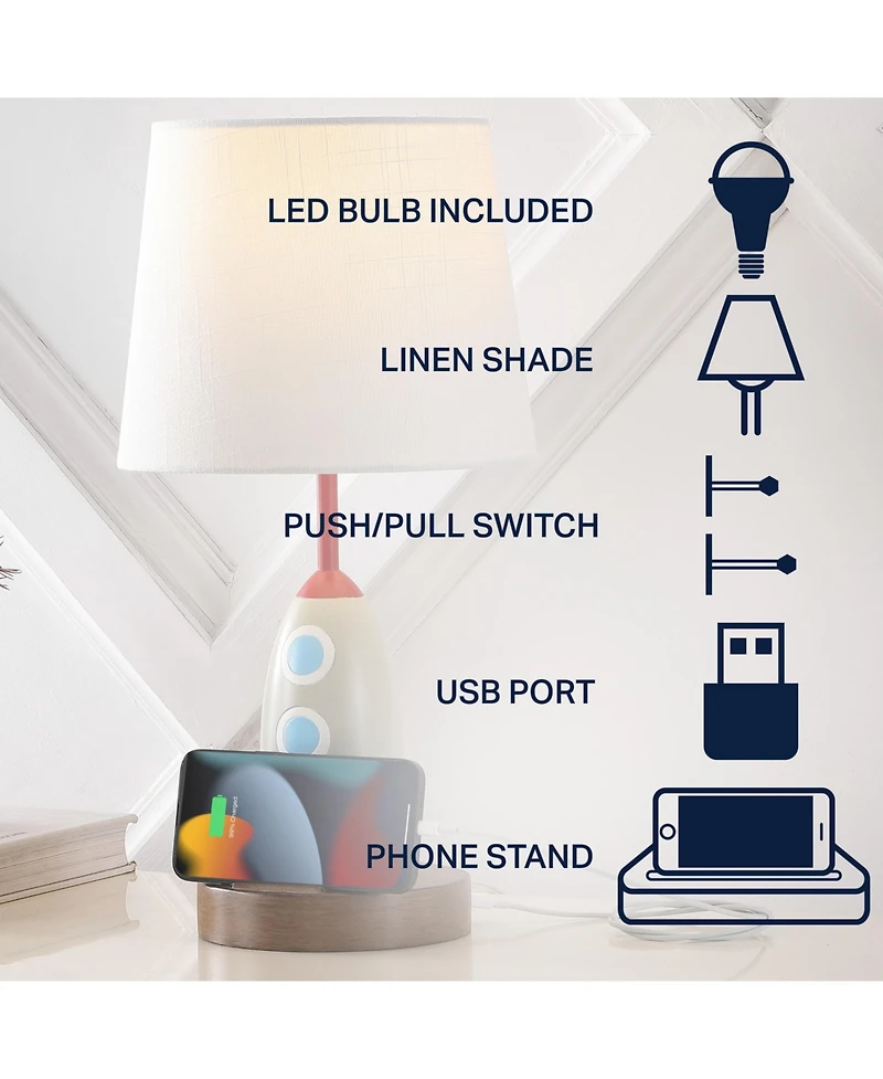Jonathan Y Houston 17.5" Coastal Style Iron/Resin Rocket Led Kids' Table Lamp with Phone Stand and Usb Charging Port, Multi-Color