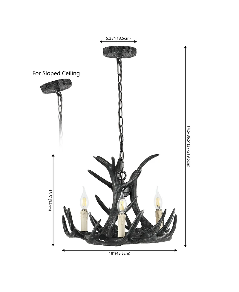 Jonathan Y Nelle 18" Adjustable Resin Antler 3-Light Dimmable Led Chandelier, Black