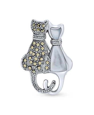 Bling Jewelry Black & White Marcasite Cat Brooche Pin Sterling Silver Pearl & Onyx