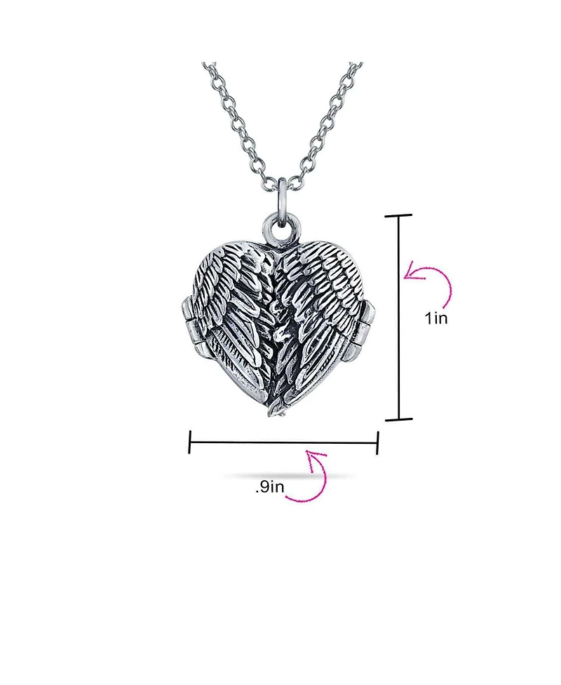 Bling Jewelry Dome Large Guardian Angel Wing Feathered Heart Shaped Photo Locket Holds Photos Pictures Oxidized Silver Necklace Pendant