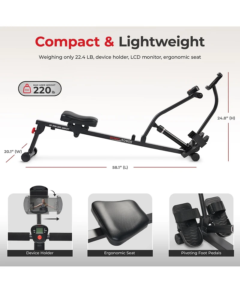 Sunny Health & Fitness Smart Compact Hydraulic Rower &with 12 Levels Resistance and Free SunnyFit App Via Bluetooth