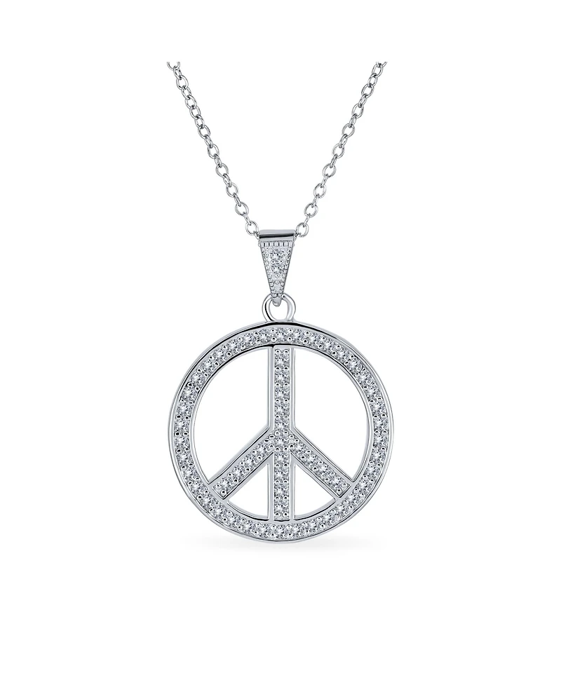 Bling Jewelry Pave Cubic Zirconia Cz Open Peace Sign Pendant Necklace Sterling Silver With Chain