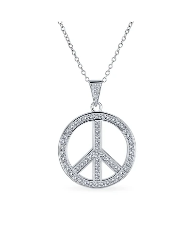 Bling Jewelry Pave Cubic Zirconia Cz Open Peace Sign Pendant Necklace Sterling Silver With Chain