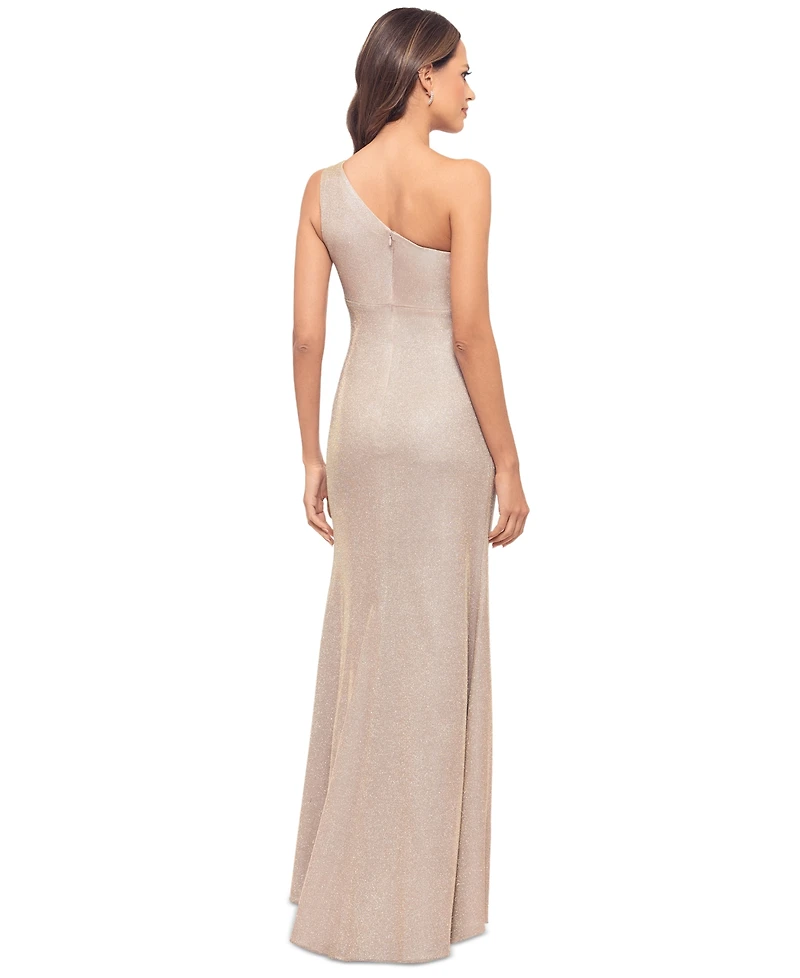 Betsy & Adam Women's Metallic Rosette One-Shoulder Gown