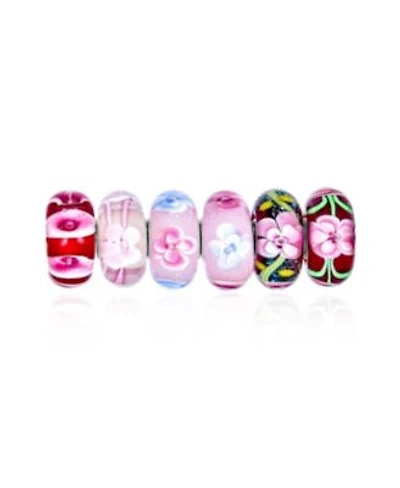 Bling Jewelry Mixed Set Of 6 Bundle .925 Sterling Silver Core Translucent Shades Of Red Pink Flower Rose Floral Murano Glass Charm Bead Spacer Fits European Bracelet For Women Teen