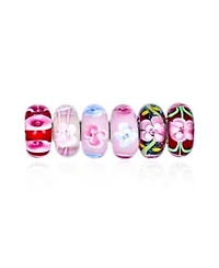 Bling Jewelry Mixed Set Of 6 Bundle .925 Sterling Silver Core Translucent Shades Of Red Pink Flower Rose Floral Murano Glass Charm Bead Spacer Fits European Bracelet For Women Teen