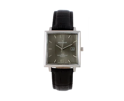 Peugeot Men's 35mm Gray Dial Square Watch with Black leather Strap