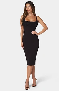 bebe Women's Square Neck Embellished Midi Dress