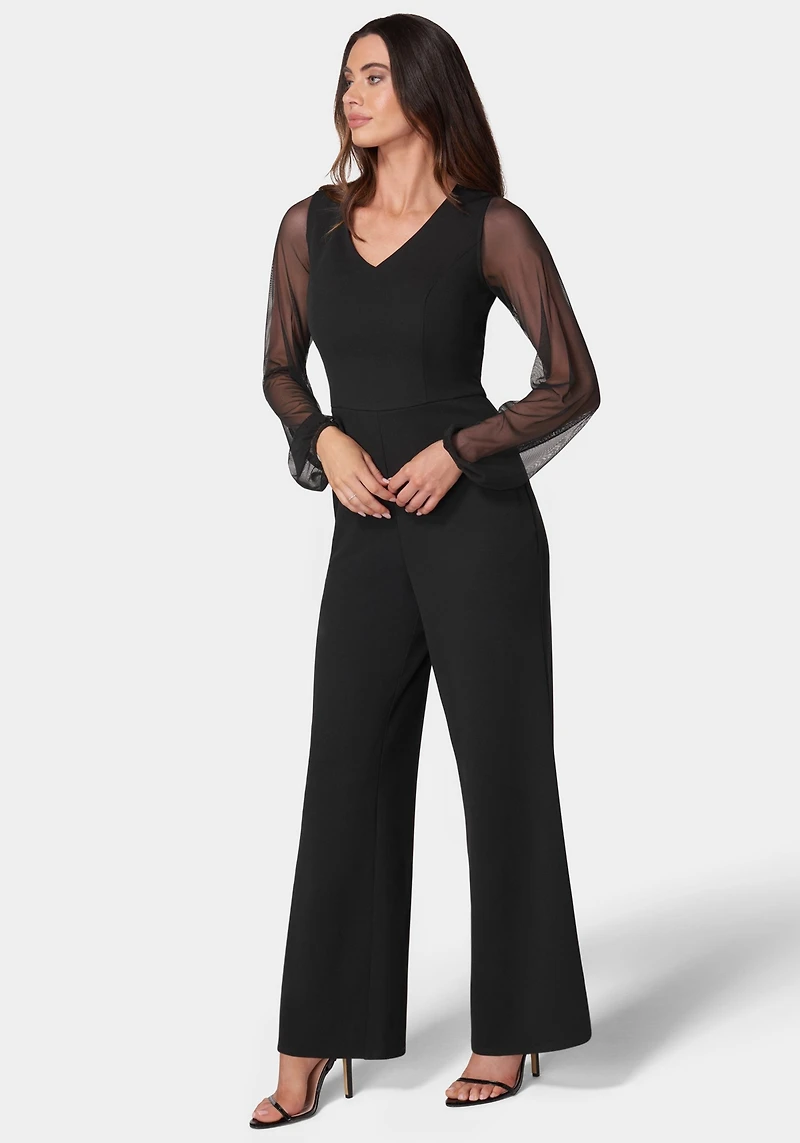bebe Women's V-Neck Jumpsuit with Powermesh Sleeve