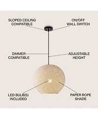 Jonathan Y Lacey 19.5" 1-Light Bohemian Minimalist Iron/Rope Woven Globe Led Pendant, White/Black