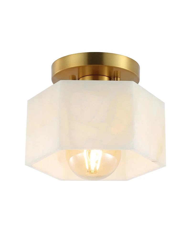 Jonathan Y Tessa 8" 1-Light Modern Contemporary Alabaster/Iron Hexagonal Led Semi Flush Mount, White Marbling/Brass Gold