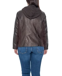 Sebby Collection Plus Size Garment Dyed Faux Leather Zip Front Jacket With Detachable Sweater Knit Hood