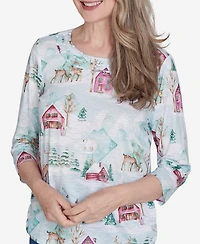 Alfred Dunner Petite Classics Triple Notch Neck Deer Village Top