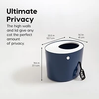 Iris Usa Large Stylish Round Top Entry Cat Litter Box with Scoop, Curved Kitty Litter Pan with Litter Particle Catching, Navy/White