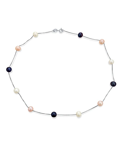 Bling Jewelry Tin Cup Freshwater Cultured Pearl Natural Stone Necklace Chain Station Yellow Gold Plated Sterling Silver 16 18 Inch