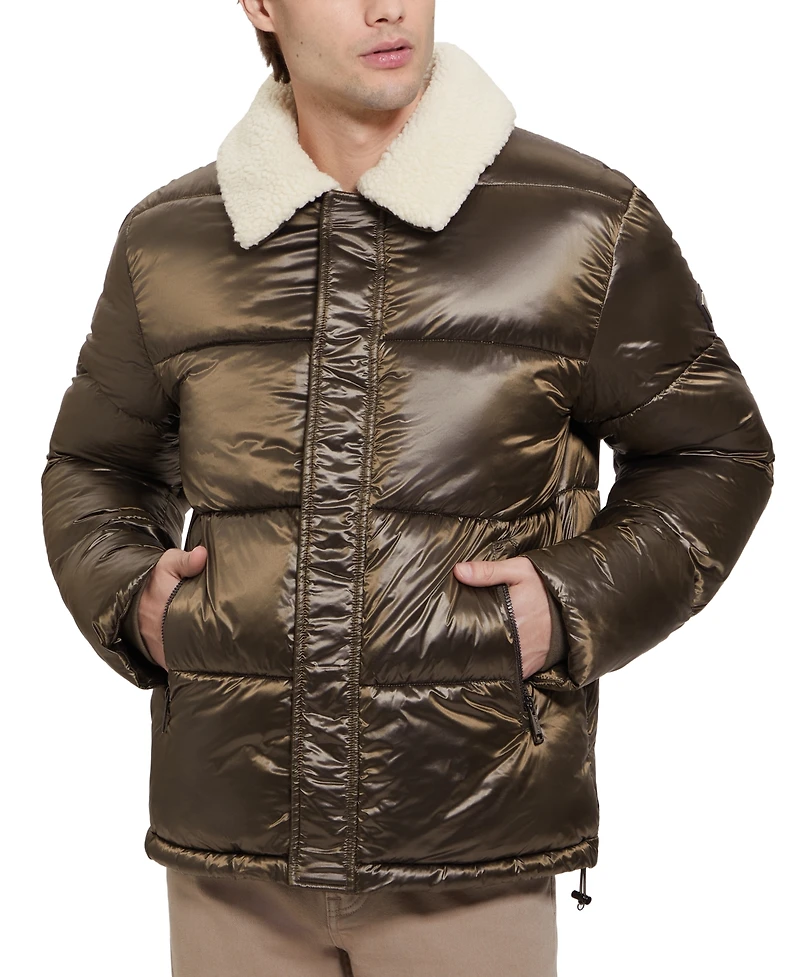 Guess Men's Puffer Jacket with Sherpa Collar