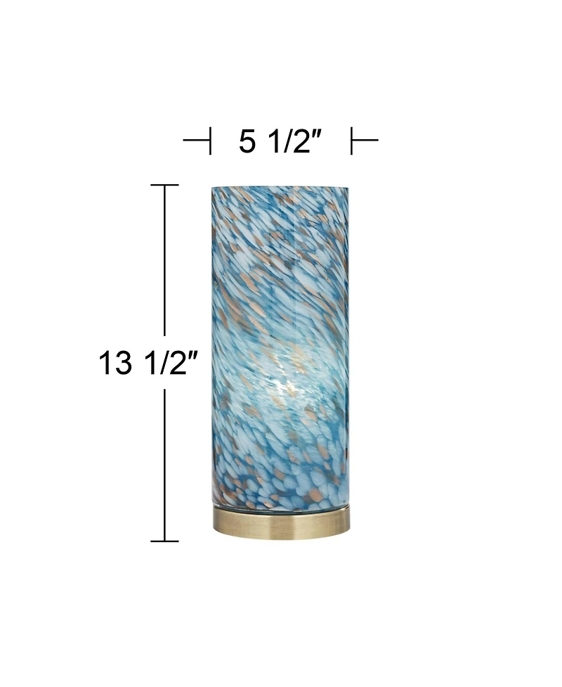 360 Lighting Modern Coastal Accent Table Lamp 13 1/2" High Brass Blue Art Glass Cylinder Shade for Bedroom Living Room Nightstand