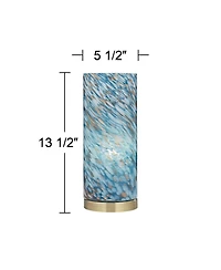 360 Lighting Modern Coastal Accent Table Lamp 13 1/2" High Brass Blue Art Glass Cylinder Shade for Bedroom Living Room Nightstand