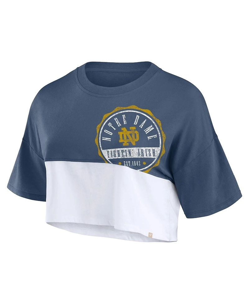 Fanatics Women's Navy/White Notre Dame Fighting Irish Oversized Badge Colorblock Cropped T-Shirt