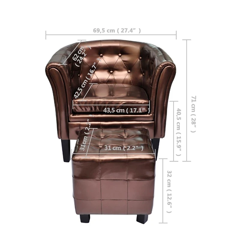 Tub Chair with Footstool Brown Faux Leather