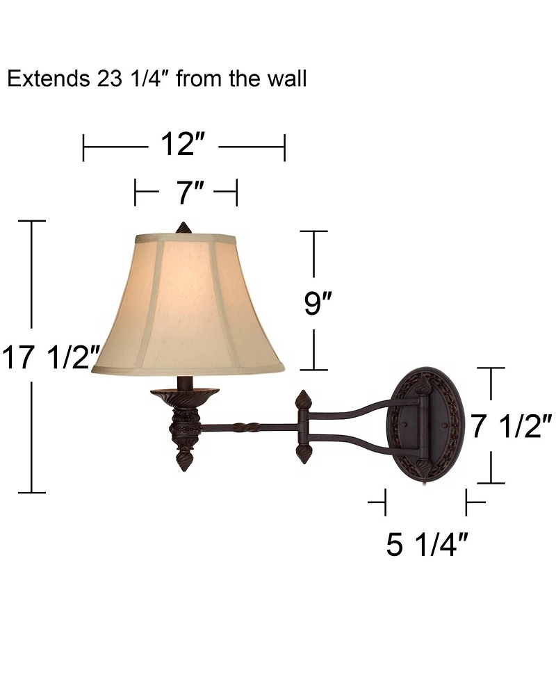 Barnes and Ivy Swing Arm Wall Lamp Bronze Plug-In Light Fixture Beige Softback Bell Shade for Bedroom Bedside Living Room Reading