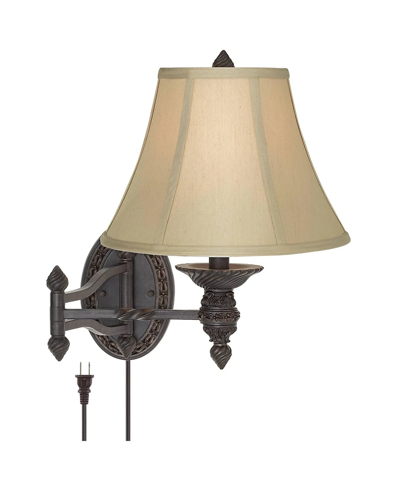 Barnes and Ivy Swing Arm Wall Lamp Bronze Plug-In Light Fixture Beige Softback Bell Shade for Bedroom Bedside Living Room Reading